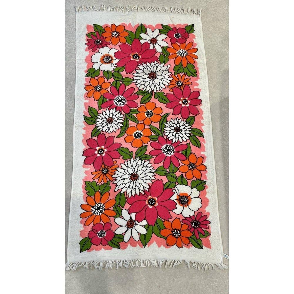 Vintage  70's  Cannon "Flower Power" Hand Towel  Orange , Pink  Bathroom Deco